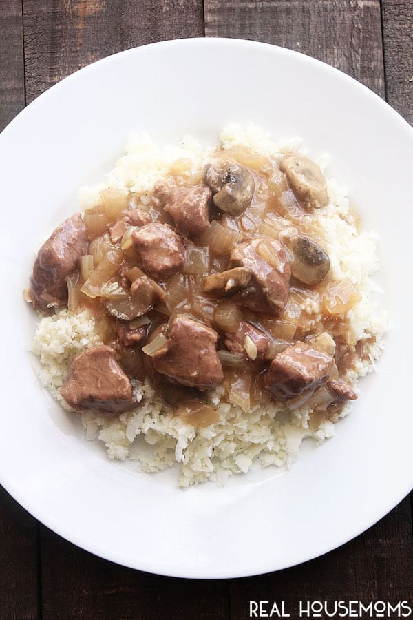This PALEO BEEF STROGANOFF CROCK POT RECIPE is an easy dinner for anyone on the Paleo diet! Serve it over cauliflower rice or zoodles and it is a delicious meal!