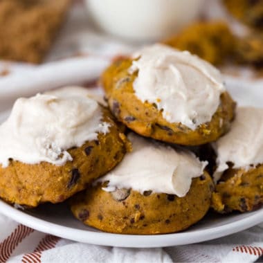 square image of pumpkin chocolate chip cookies with frosting