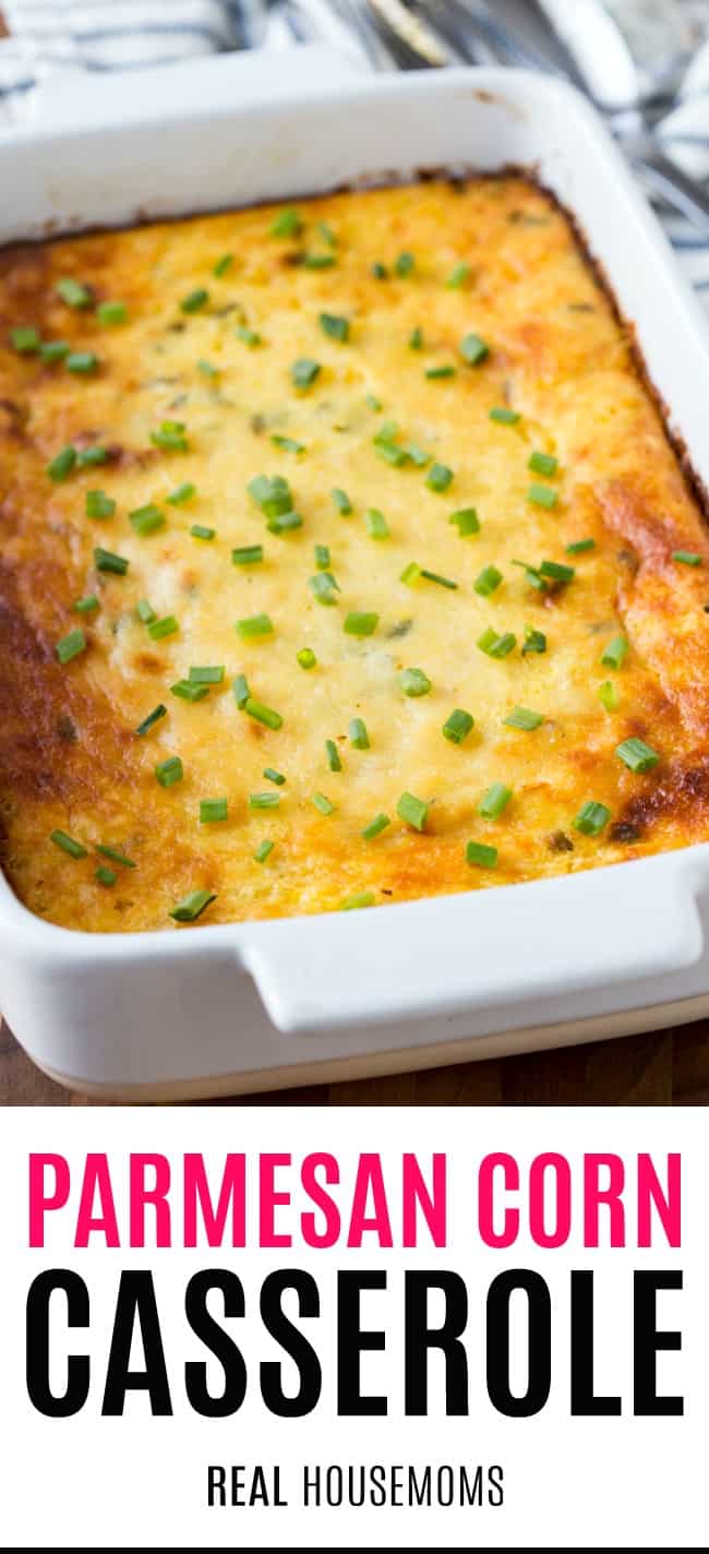 parmesan corn casserole in a baking dish just after cooking