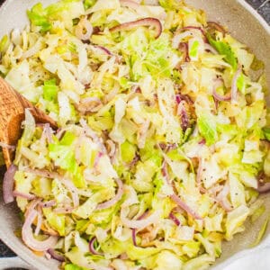 square image of parmesan garlic cabbage in a skillet