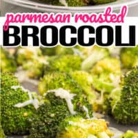 top picture of parmesan roasted broccoli in a serving bowl with a spoon, bottompictureis a close up of the broccoli season with parmesan cheese. In the middle of the two pictures is the title of the post with pink and black lettering