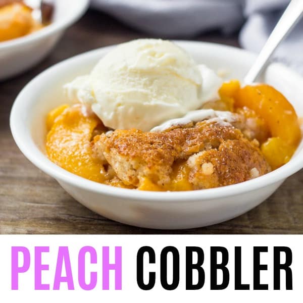 square peach cobbler image with text