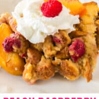 portion of peach raspberry slow cooker french toast on a plate with recipe name at the bottom