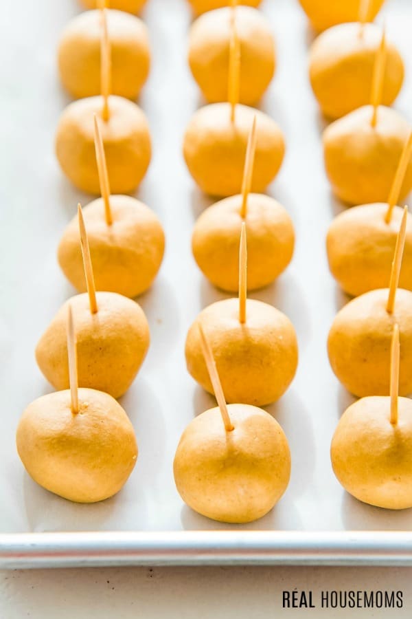 peanut butter balls rolled and ready to be dipped in chocolate