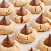 square image of peanut butter blossom cookies lined up on a baking sheet