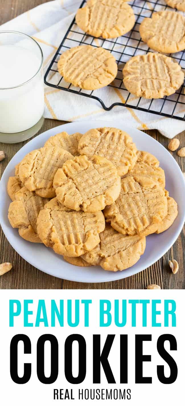 peanut butter cookies on a plate next to a glass of milk