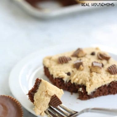 Make this CHOCOLATE PEANUT BUTTER CUP SHEET CAKE for your next family get together. All the chocolate peanut butter fans will go crazy for this cake!