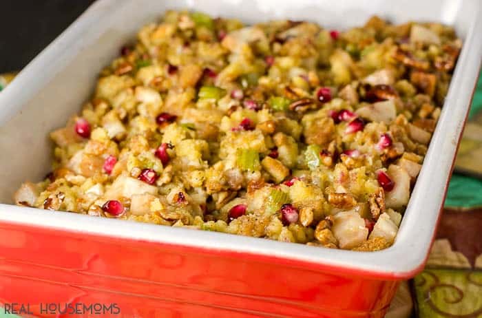 Pear Pomegranate Stuffing adds a fresh twist to traditional Thanksgiving herbed bread stuffing that is certain to become a family favorite!