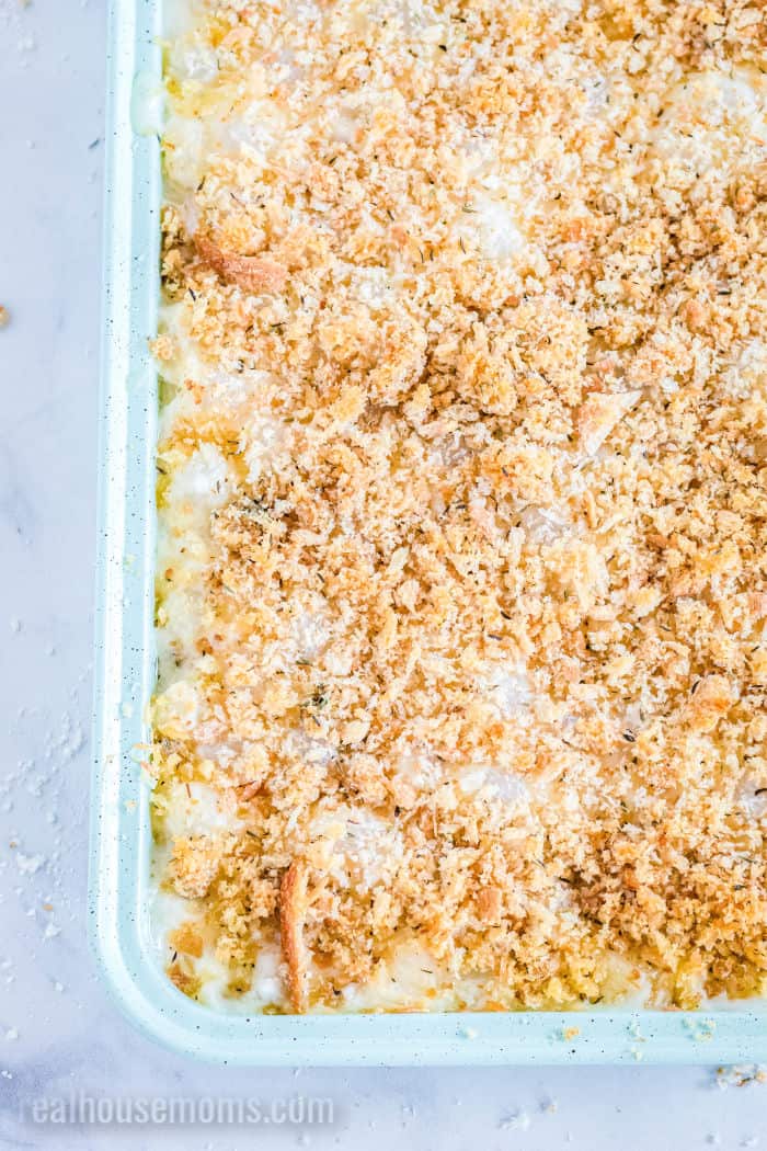 casserole dish with onion gratin and breadcrumb topping