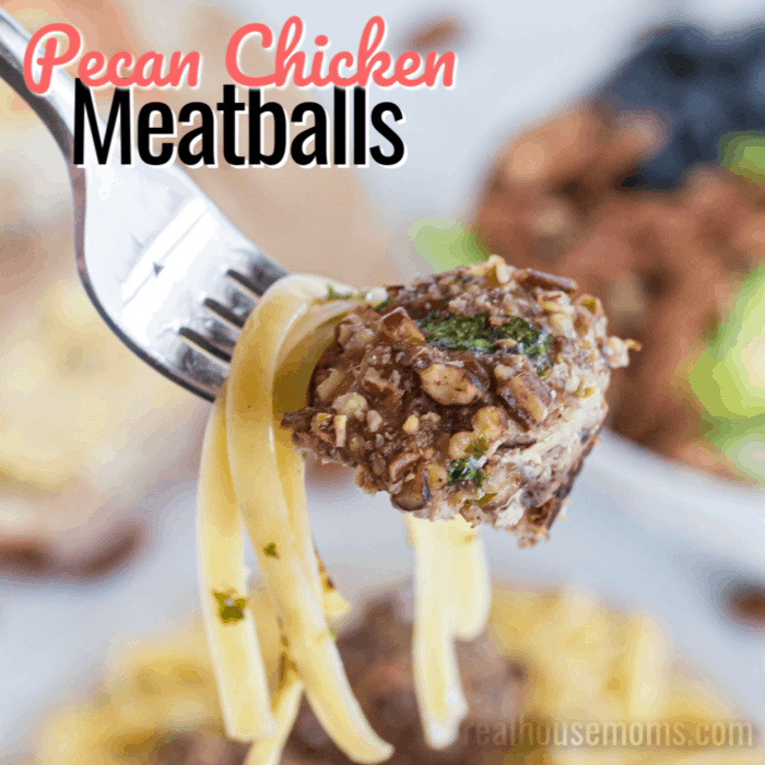 square image of pecan chicken meatballs with text