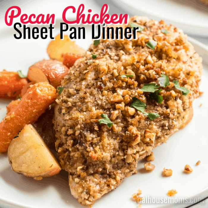 square image of pecan crusted chicken sheet pan dinner with text