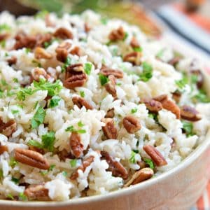 This Pecan Rice Pilaf is an easy Thanksgiving side dish that is full of rich fall flavors!