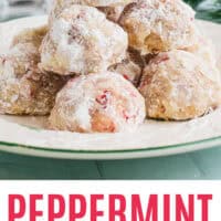 peppermint shortbread cookies piled on a plate with recipe name at the bottom