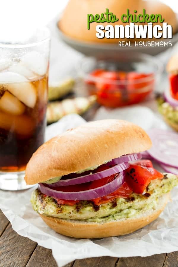 This Grilled Pesto Chicken Sandwich is delicious topped with a pesto mayonnaise, roasted bell pepper, and purple onion!