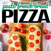 imagePesto French Bread Pizza is a mouth-watering appetizer featuring a combination of warm bread, flavorful pesto, gooey cheese, and tomatoes!