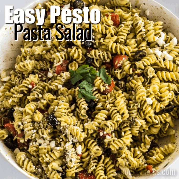 square image of pesto pasta salad with text