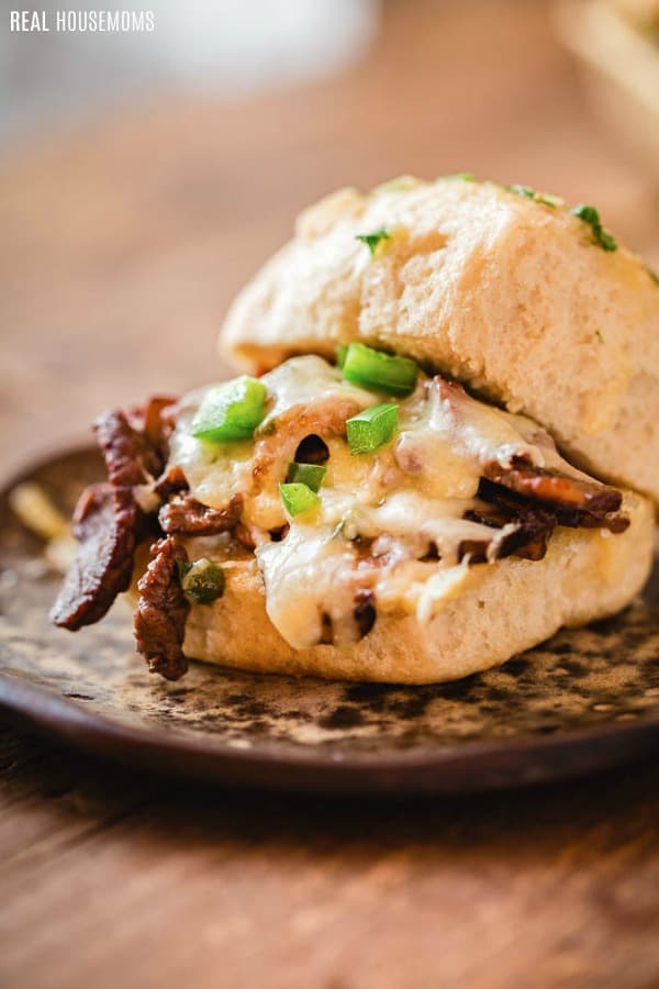 close up of philly cheese steak slider on a plate