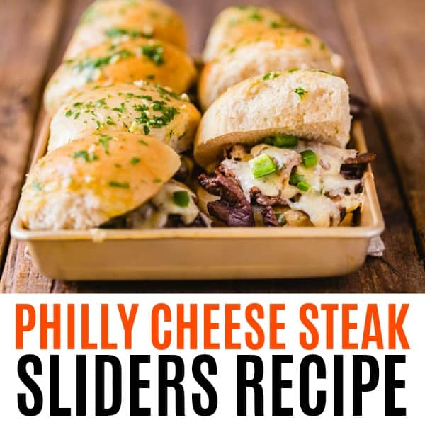 square image of philly cheese steak slider with text