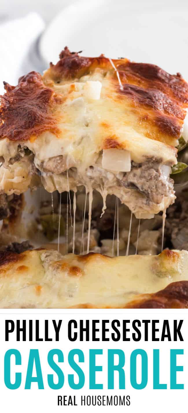 spatula of philly cheesesteak casserole with 