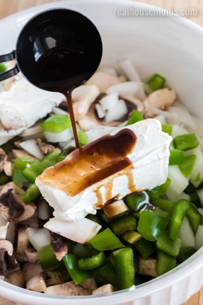vegetables, cream cheese, and Worcestershire sauce in a mixing bowl