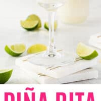 pina rita in a margarita glass with recipe name at the bottom