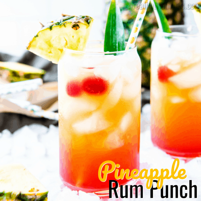 square image of pineapple rum punch with text