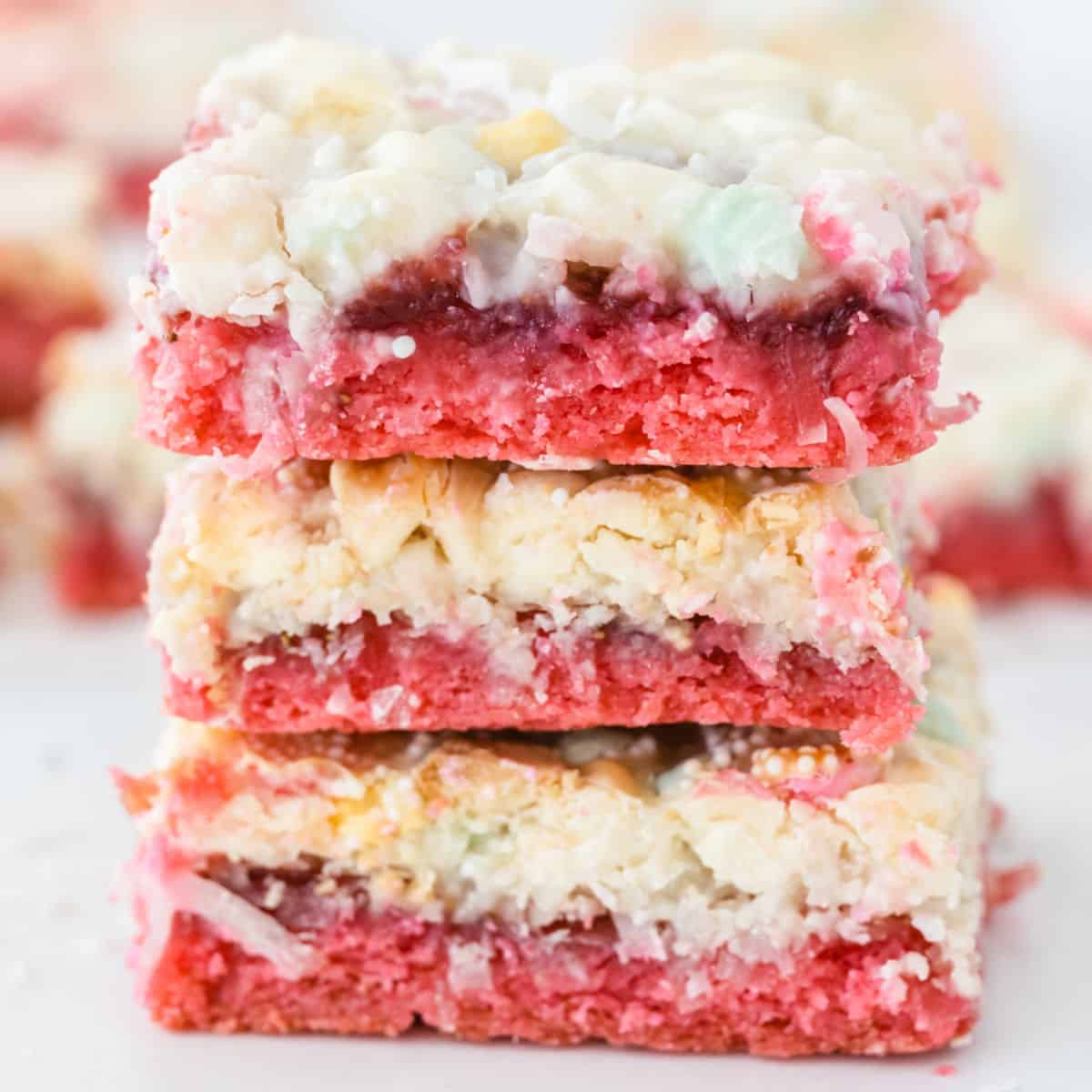 square image of a stack of three pink magic bars