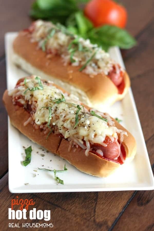 PIZZA HOT DOGS take on a fun flavor featuring pepperoni, sauce, and gooey cheese for the ultimate kid-pleasing meal!