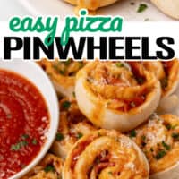 top image of single pizza pinwheel on a white plate, bottom image close up of pizza pinwheels piled on a plate next to a bowl of marinara. In the center of the two images is the title of the post in blue and black lettering