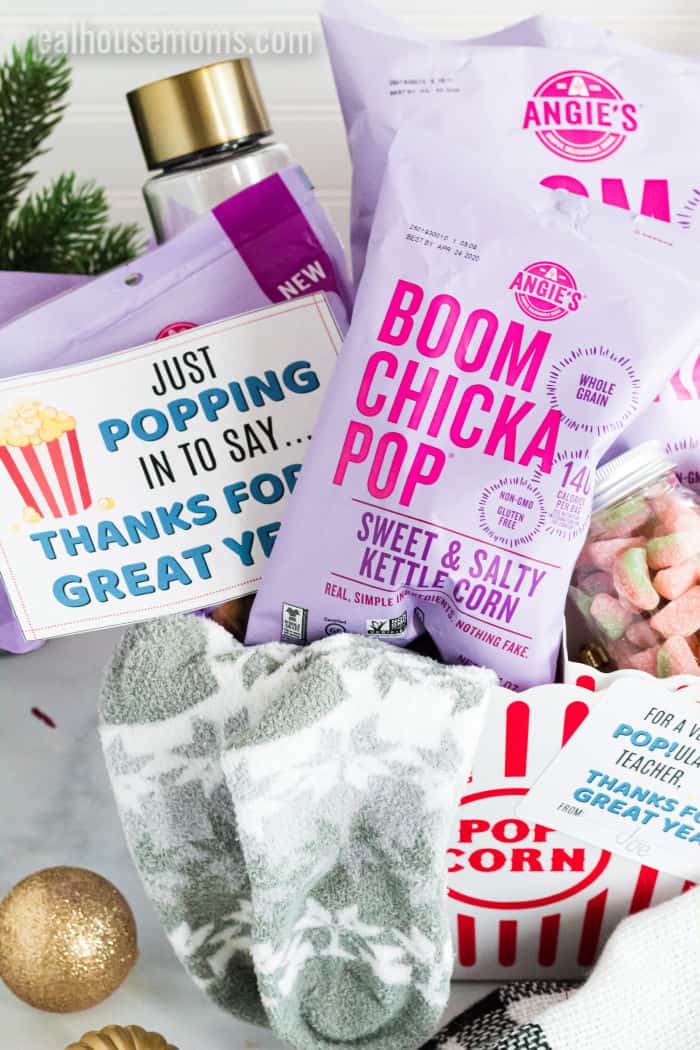 popcorn themed teacher gift with printable card and sticker