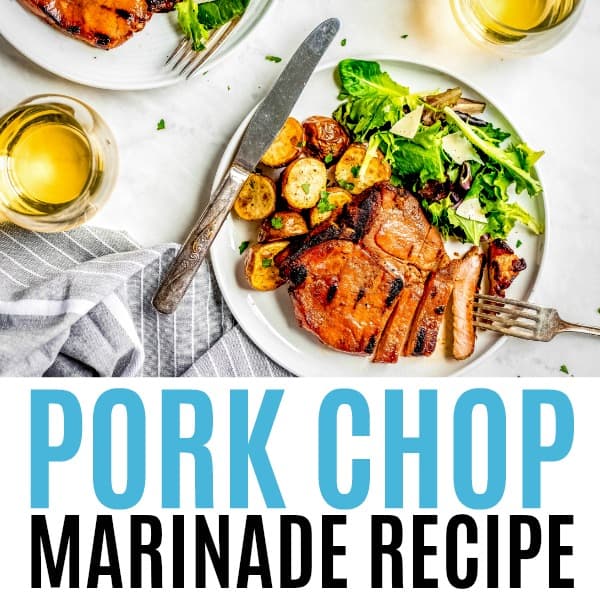 square image of pork chops that have been marinated and grilled with text