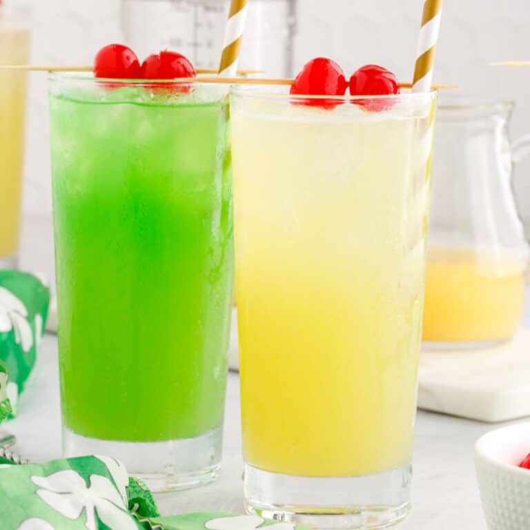 square image of a pot of gold cocktail and a drunken leprechaun