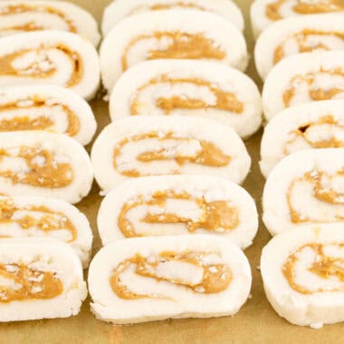 square image of potato candy slices on parchment paper