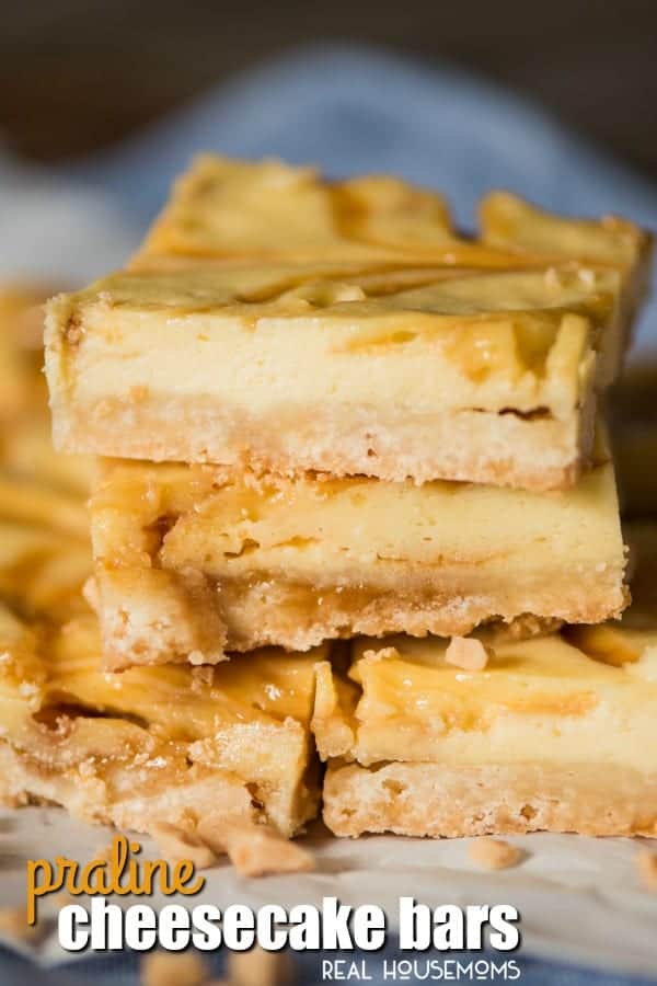 Praline Cheesecake Bars with a shortbread crust. You'll love the toffee bits and caramel swirls baked inside!