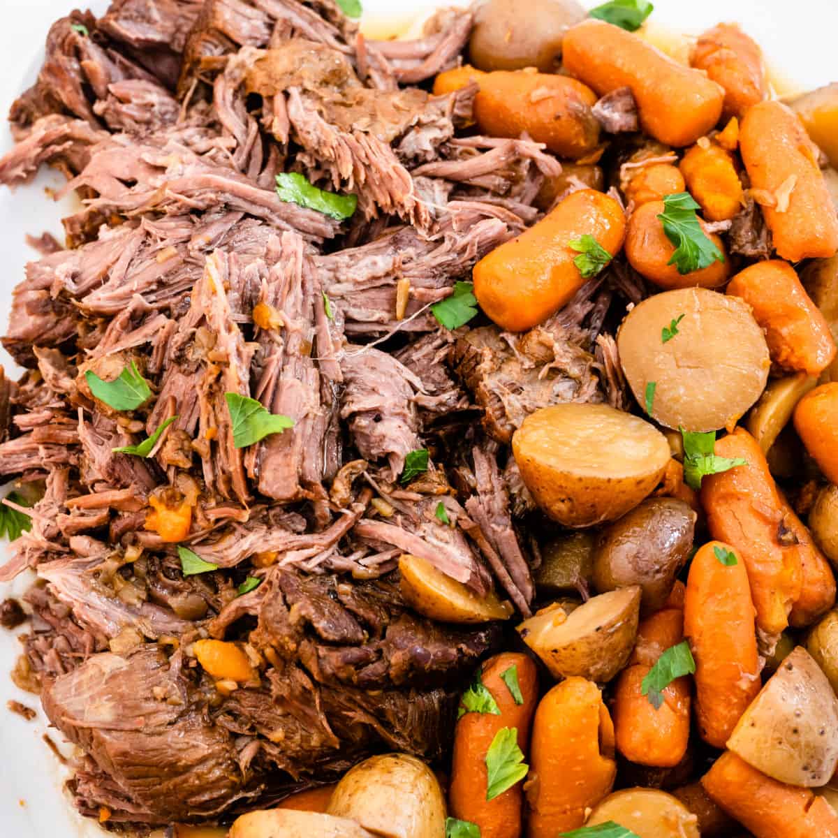 square image of shredded pot roast with potatoes and carrots