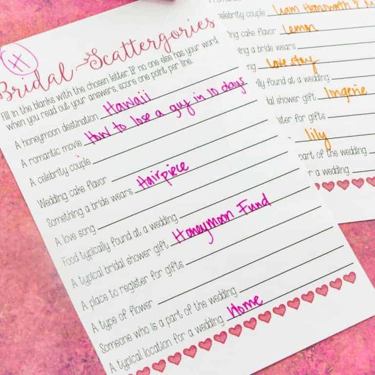 Printable Bridal Shower Scattergories Game