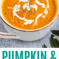 pumpkin & butternut squash soup in a bowl with recipe name at the bottom