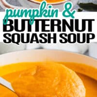 top picture image of pumpkin & butternut squash soup in a bowl topped with sour cream and thyme, bottom picture a spoon full of pumpkin butternut squash soup with the title of the post in between the image in blue and black lettering