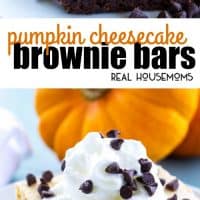 Pumpkin Cheesecake Brownie Bars are topped with a pumpkin no-bake cheesecake then finished off with whipped topping and mini chocolate chips. This is an easy fall must-have!