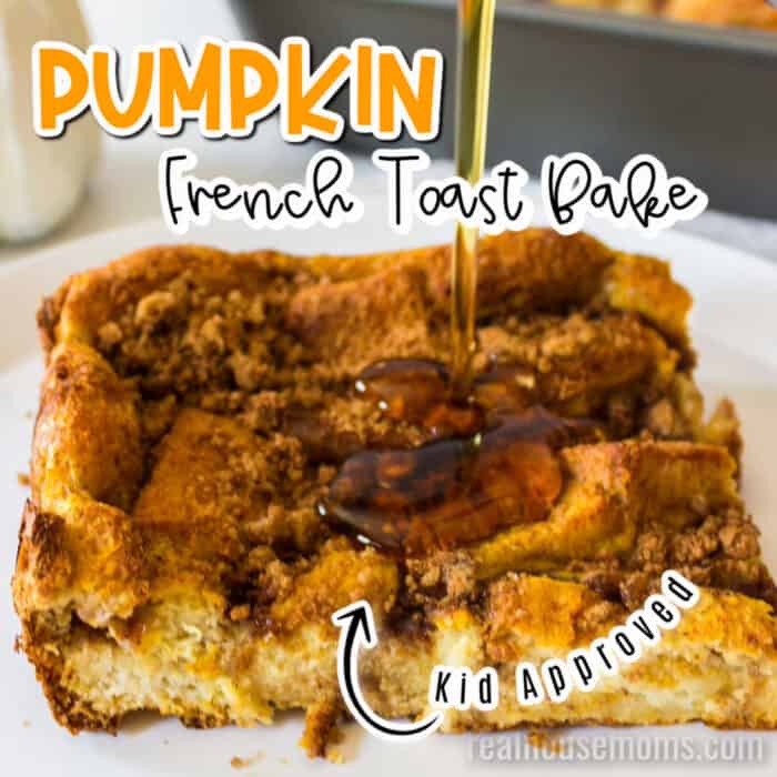 square image of pumpkin French toast bake with syrup dripping on top 