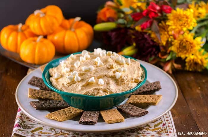 Pumpkin Pie Cheesecake Dip with white chocolate chips is an easy, creamy no-bake dessert that your family and holiday guests will love!