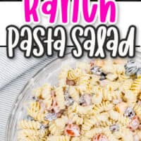 two pictures of Ranch Pasta Salad, top pic close up of pasta on colorful plates, bottom pics close up of a big bowl full of pasta