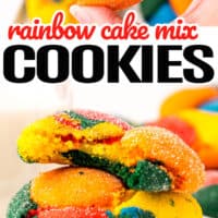 top picture is a hand holding a rainbow cake mix cookie, bottom picture is rainbow cake mix cookies piled on a plate