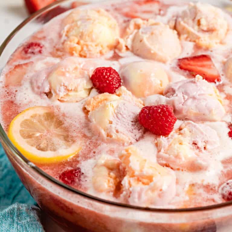 square image of rainbow sherbet punch in a punch bowl