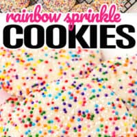 top picture is rainbow sprinkle cookies on a baking rack, bottom is a close up of rainbow sprinkle cookies