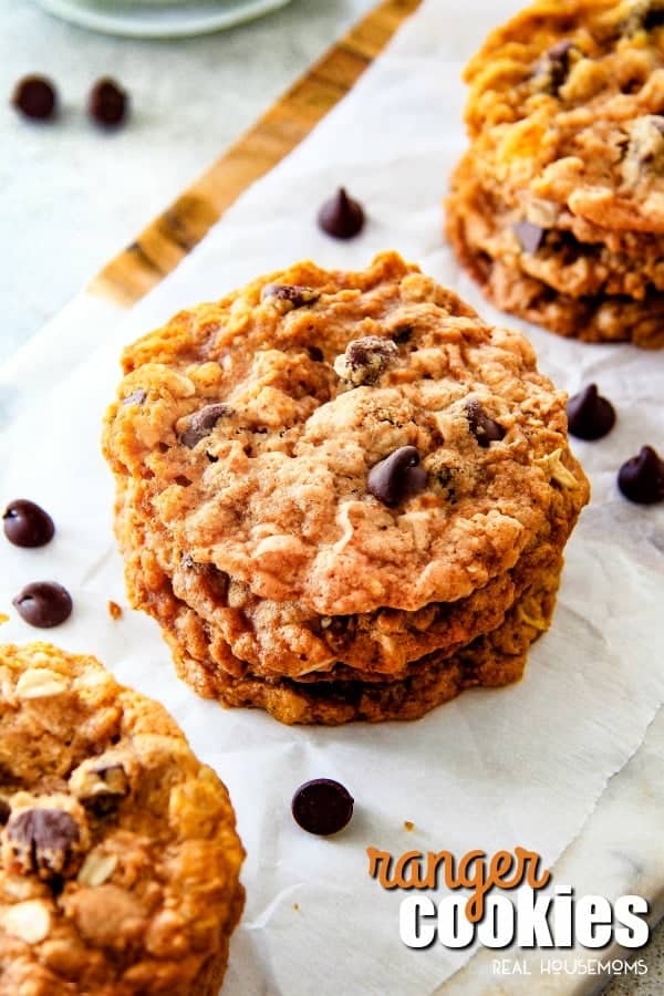 Rangers Cookies loaded with rolled oats, coconut, and cornflakes stacked up