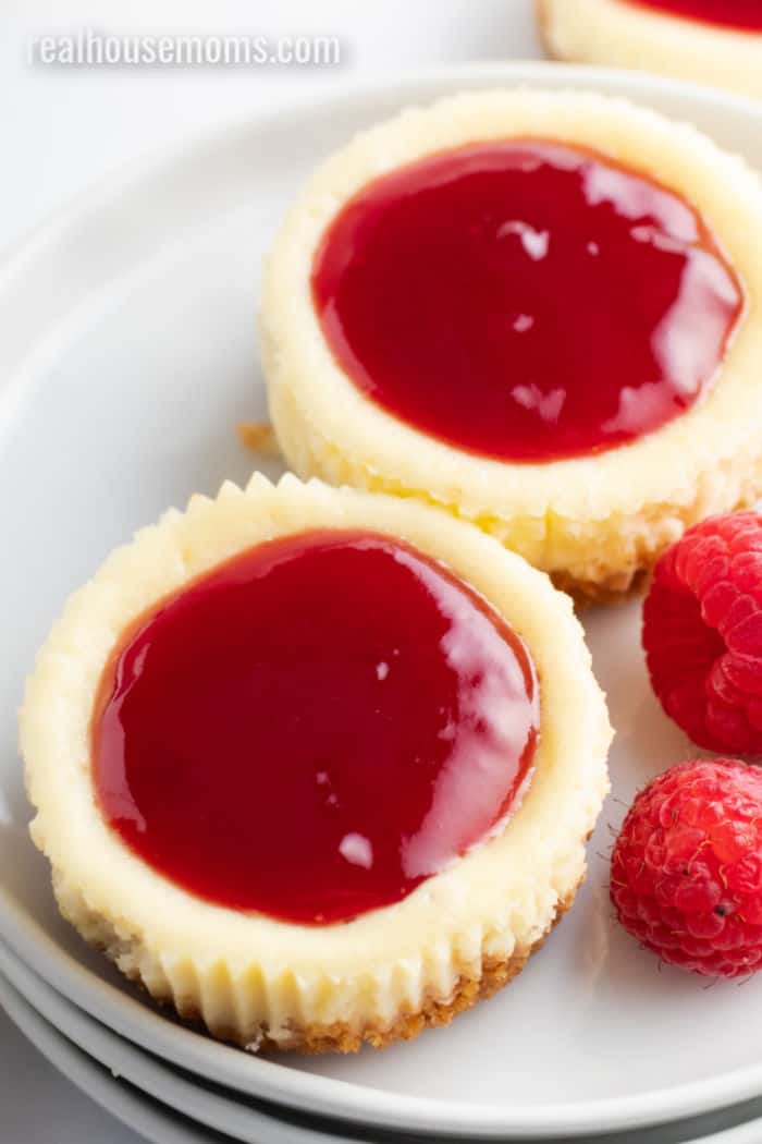close up of mini cheesecakes topped with raspberry jam