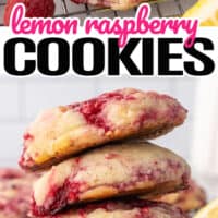 top picture is image of a raspberry lemon cookie drizzle with glaze, bottom picture is a stack of raspberry lemon cookies on a white plate with pink and black lettering in the middle of picture