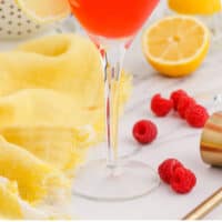 raspberry lemon drop martini with recipe name at the bottom