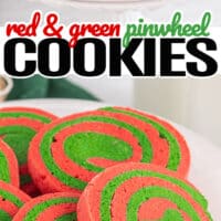 plate full of red and green pinwheel cookies, bottom picture is a close of of a pile of red and green pinwheel cookies